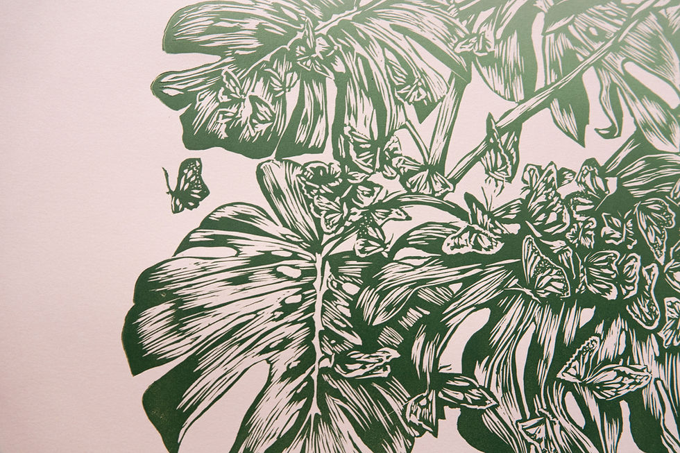 Thumbnail: Forest of Monstera Linocut Print in Green Gradient | A2
