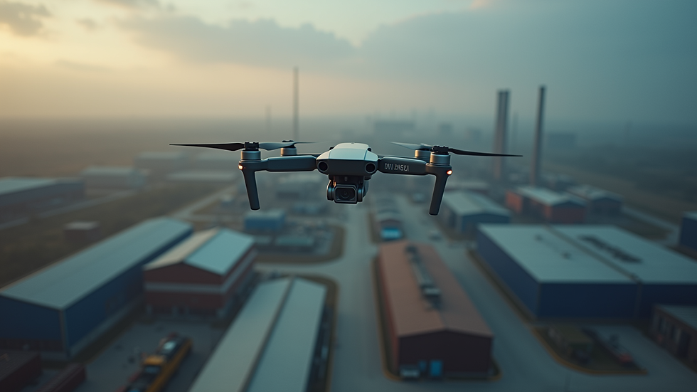 High angle view of a professional drone flying over an industrial site