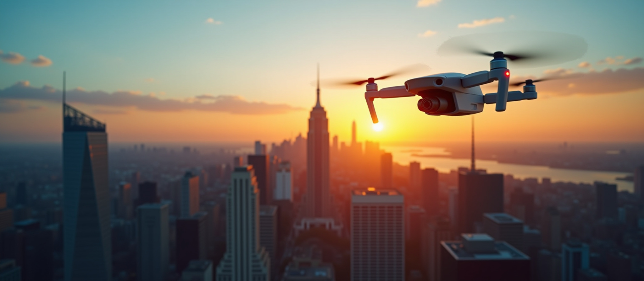 drone in primo piano con città vista al tramonto