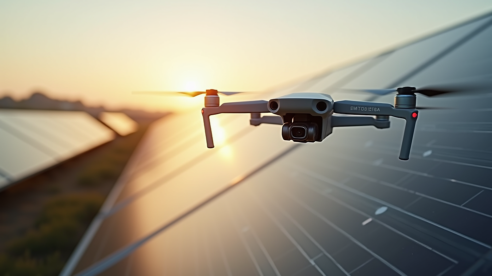 Eye-level view of a drone inspecting a solar panel field
