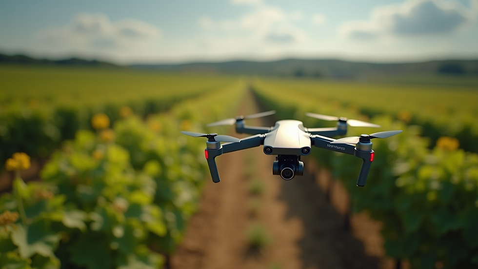 High angle view of a drone flying over a vineyard for agricultural monitoring