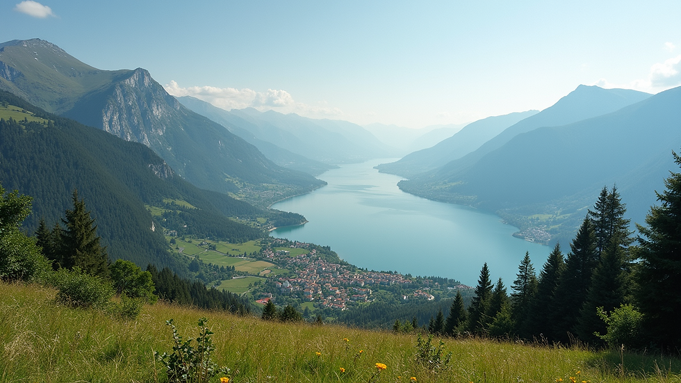 Vista aerea di un paesaggio naturale italiano con montagne e laghi