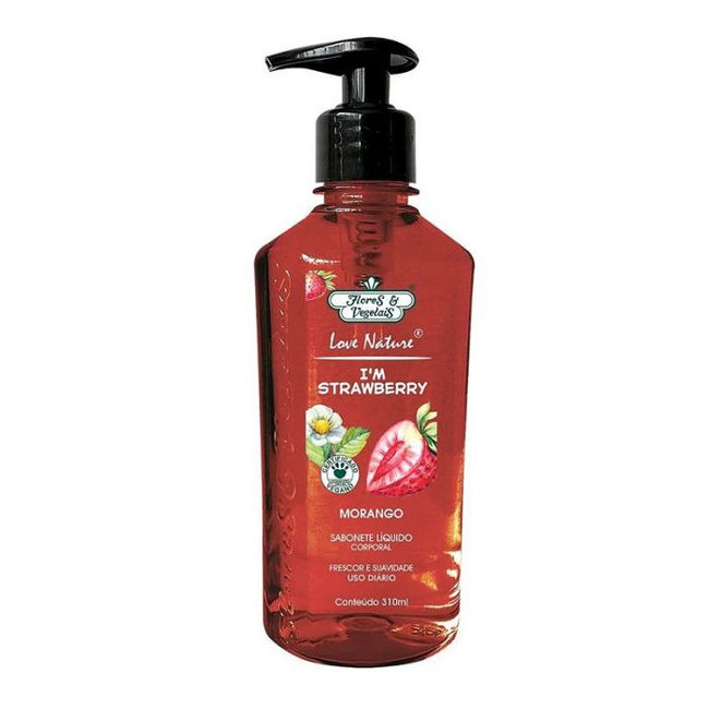 Flores e Vegetais Love Nature Strawberry Sabonete Liquido Corporal Morango 310Ml