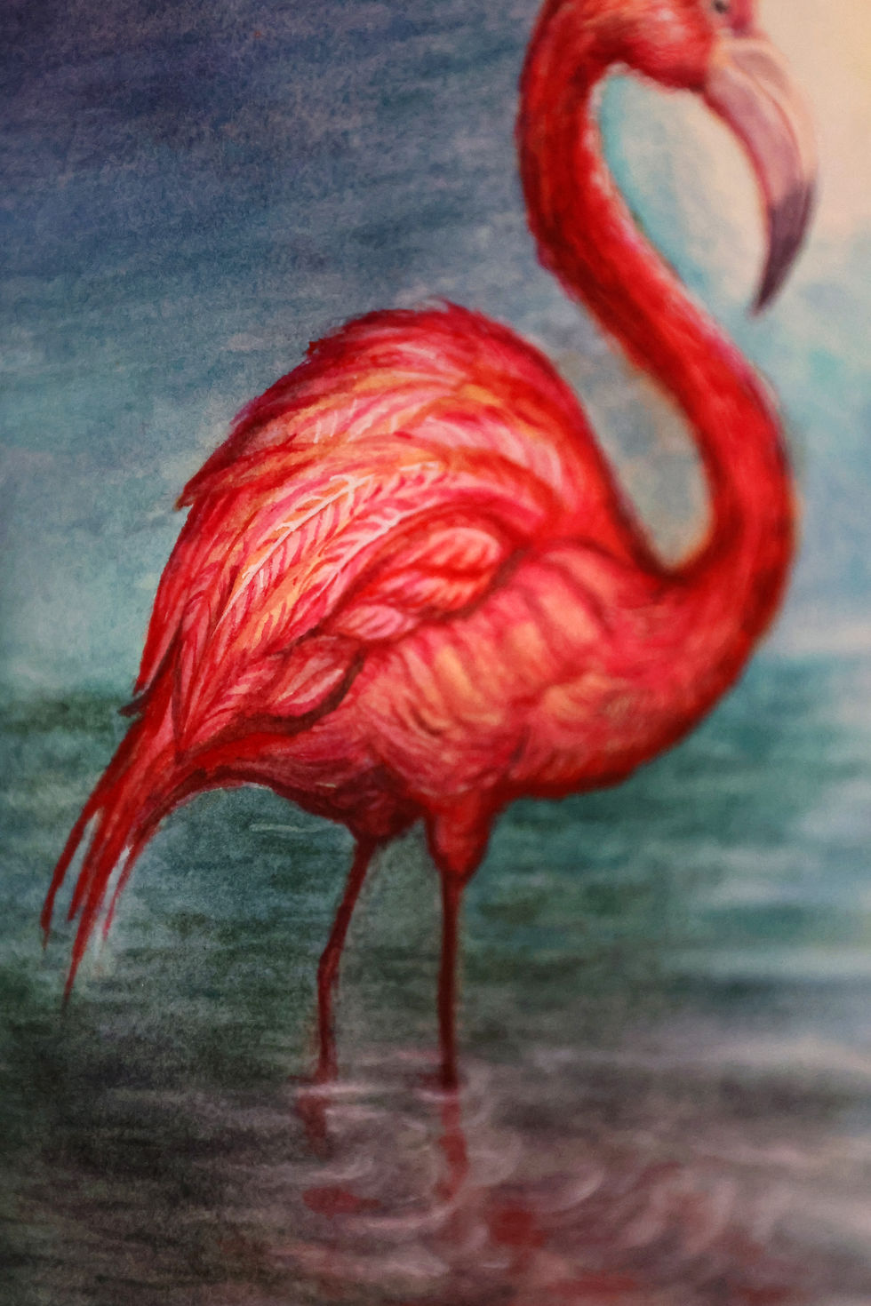 Thumbnail: Watercolor flamingo painting under full moonlight over ocean reflections – A pink flamingo with vivid red tones