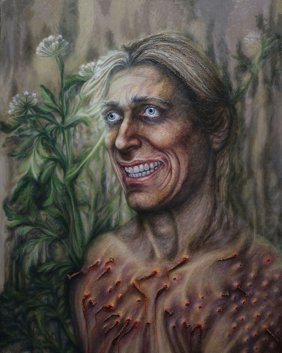 A person with wide eyes and a pained smile stands amidst tall plants. Skin has red, raised marks, creating an eerie, unsettling mood.