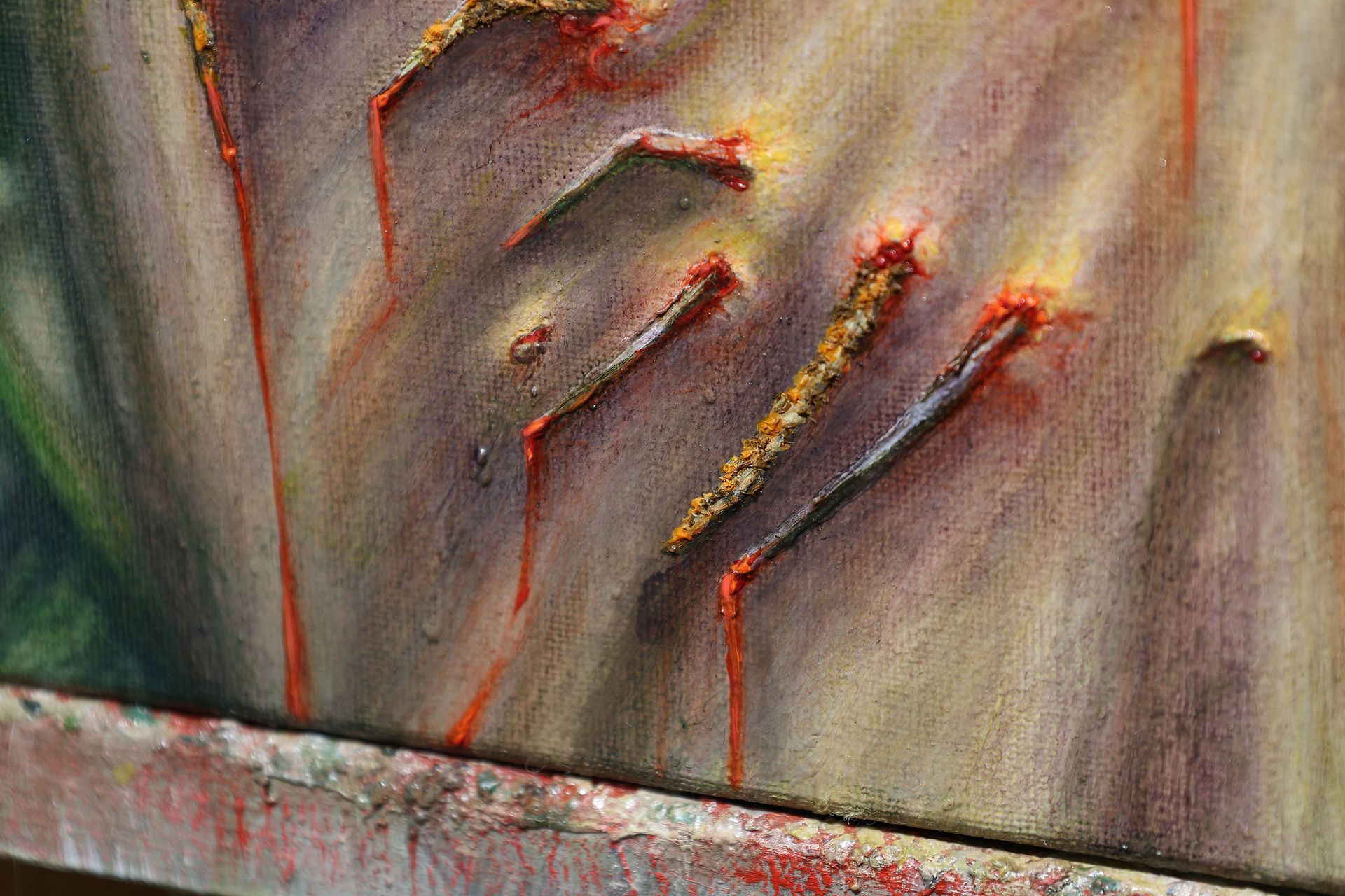 Close-up of multiple rusty nails penetrating skin in an oil painting, with vivid red blood lines and textured, inflamed surface.