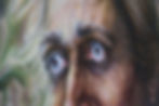 Close-up of a painting showing wide blue eyes surrounded by dark shadows, conveying a sense of surprise. Soft, swirling background colors.