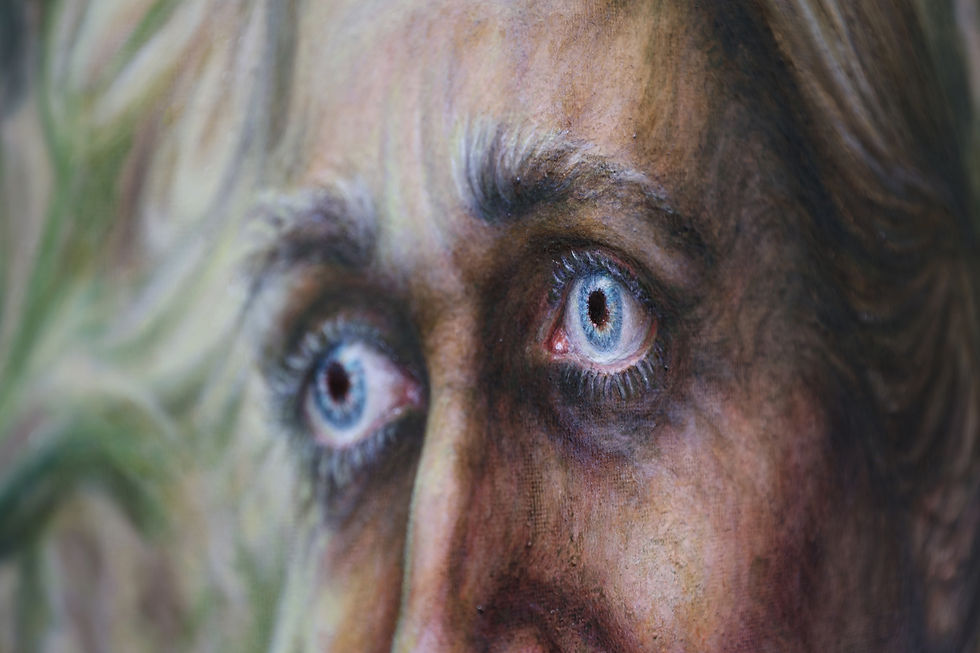 Close-up of a painting showing wide blue eyes surrounded by dark shadows, conveying a sense of surprise. Soft, swirling background colors.