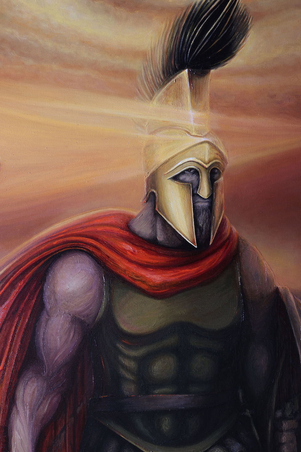 Thumbnail: Detail of Ares’ face under golden Spartan helmet — emotionless, brutal figure of eternal war