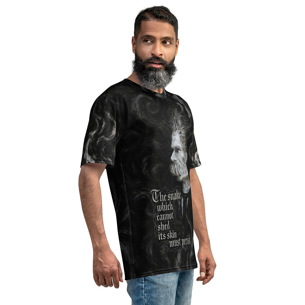 Thumbnail: Side view of a men with a beard wearing all-over print t-shirt featuring a portrait of Nietzsche by Katerina Miller