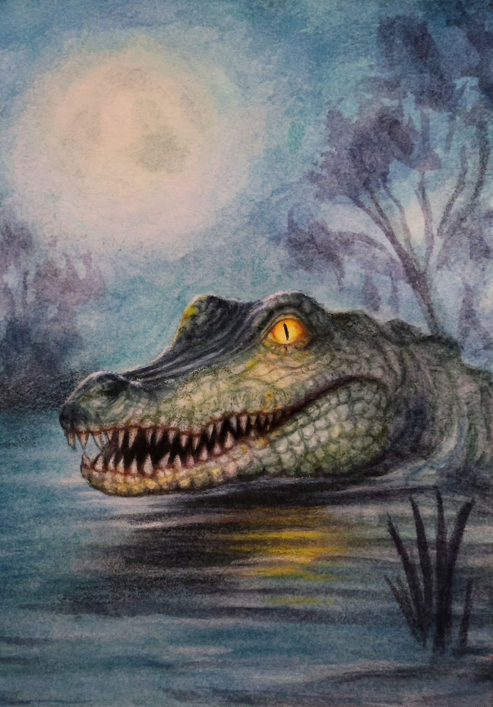 Watercolor alligator painting with glowing eyes in swamp at night – A Florida alligator creeping from the water, illuminated