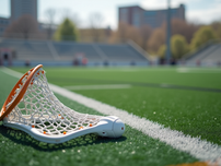 Close-up view of practice field with lacrosse gear