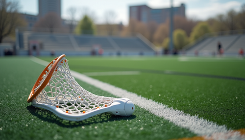 Close-up view of practice field with lacrosse gear