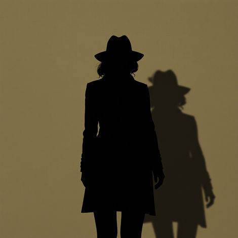 brown background with a silhouette of a female wearing a trench coat and hat. We see her shadow as well