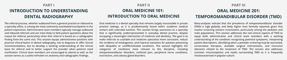 Image consolidating all three session summaries, including Part I: Introduction to Understanding Dental Radiography, Part II: Oral Medicine 101 - Introduction to Oral Medicine, and Part III: Oral Medicine 201 - Temporomandibular Disorder (TMD). Click the Learn More button above to be redirected to the full Clinical Series page with fully accessible text.