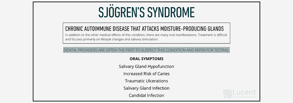 The key takeaway from this sample slide for the Oral Medicine 101: Introduction to Oral Medicine session is to discuss the oral effects of Sjogren's Syndrome.