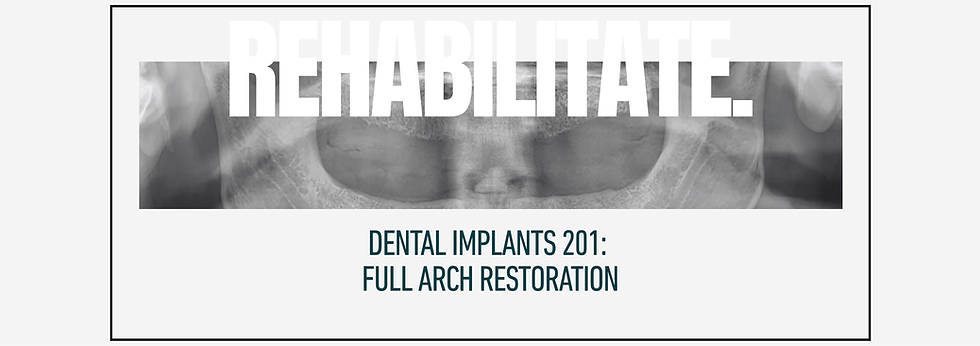 This sample slide for the Dental Implants 201 - Full Arch Restoration session is a visual of the title slide of the session presentation.