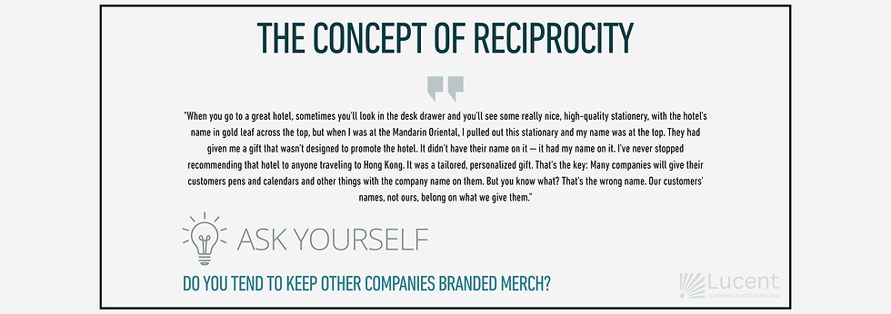 The key takeaway from this sample slide for the Referral Management Marketing Strategy session is to introduce the concept of reciprocity through personalized interactions.