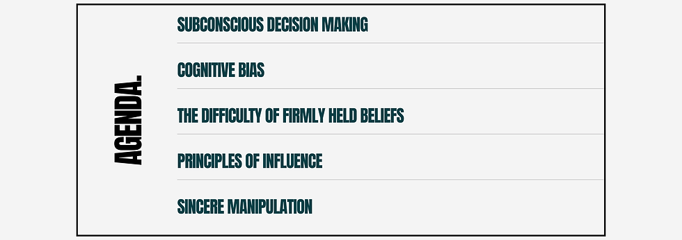 This sample slide for the Understanding Consumer Behavior session is a visual of the agenda slide of the session presentation including the following topics to be covered: subconscious decision making, cognitive bias, the difficulty of firmly held beliefs, principles of influence, and sincere manipulation.