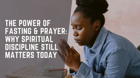 Young woman prays with eyes closed beside bold text about fasting and prayer on a soft gray background.