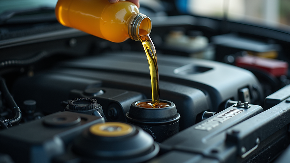 Close-up view of car engine with oil being poured during an oil change