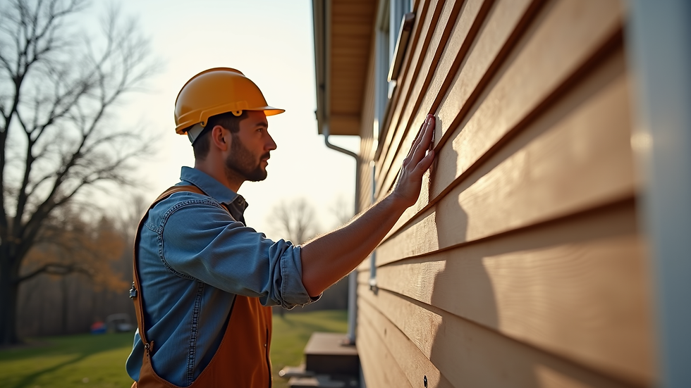 Eye-level view of a contractor inspecting wood siding on a house