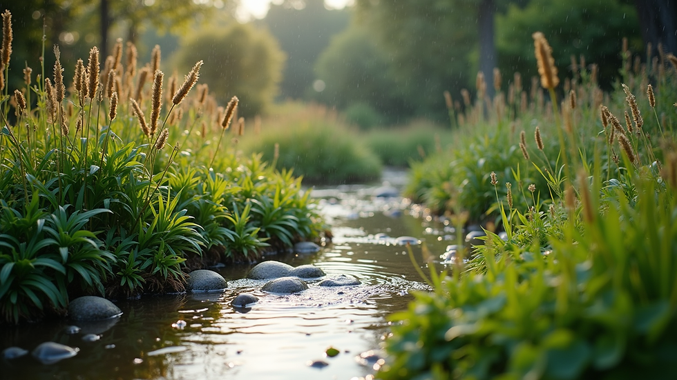 High angle view of a rain garden with native plants soaking up water
