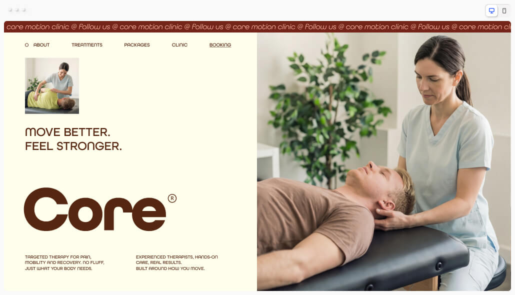 Core Motion Clinic homepage featuring a therapist performing hands-on neck treatment with the tagline Move Better, Feel Stronger