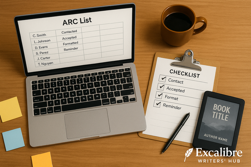 Author organizing an ARC list with laptop, checklist, and digital reader