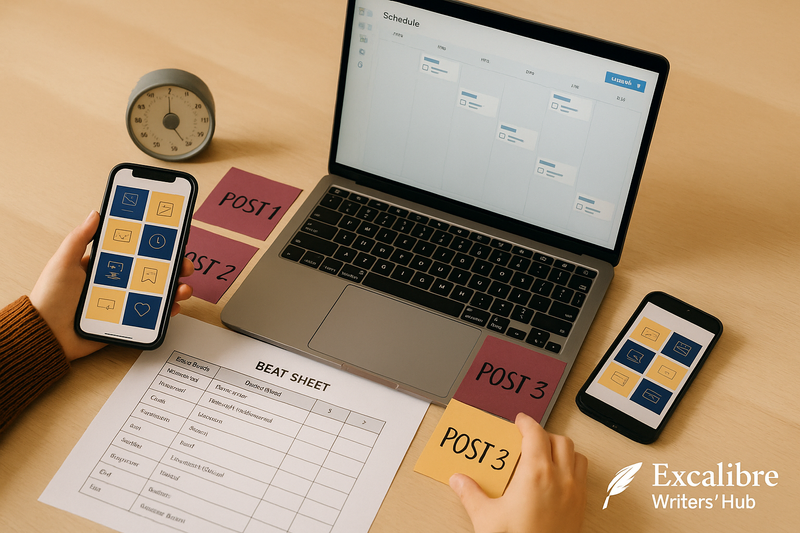 Author batching social posts on a laptop and smartphone with storyboard cards