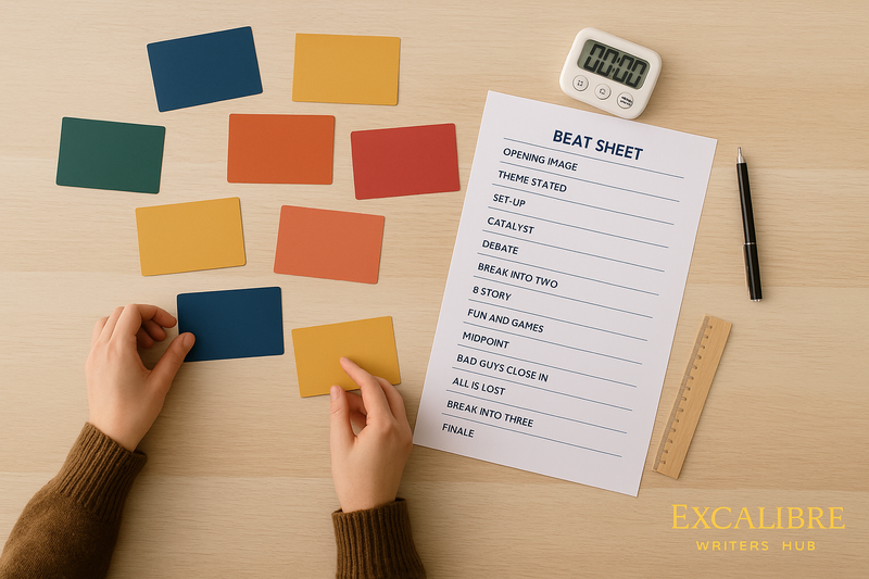 Author arranging color cards on a desk with a printed beat sheet and timer — Excalibre Writers’ Hub