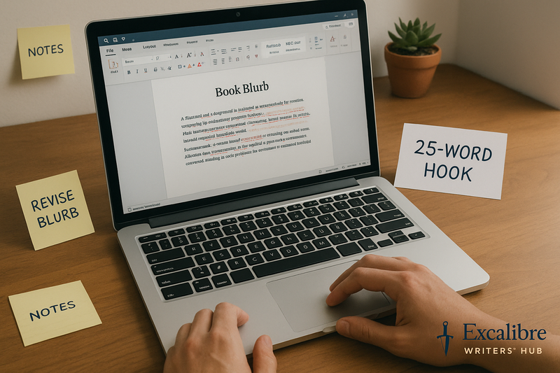 Author editing a book blurb on a laptop with notes and a marked 25-word hook