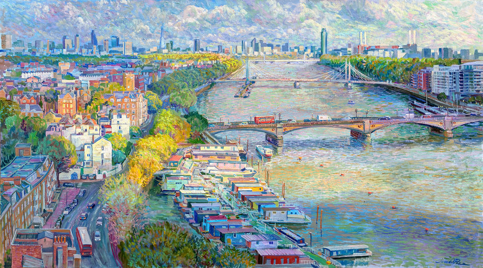 Impressionist London paintings, Thames paintings, Sunset paintings, London Cityscapes , thames Houseboats .