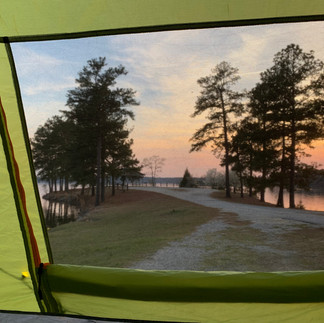 view from tent at sunset camping at Dames Ferry at Lake Juliette
