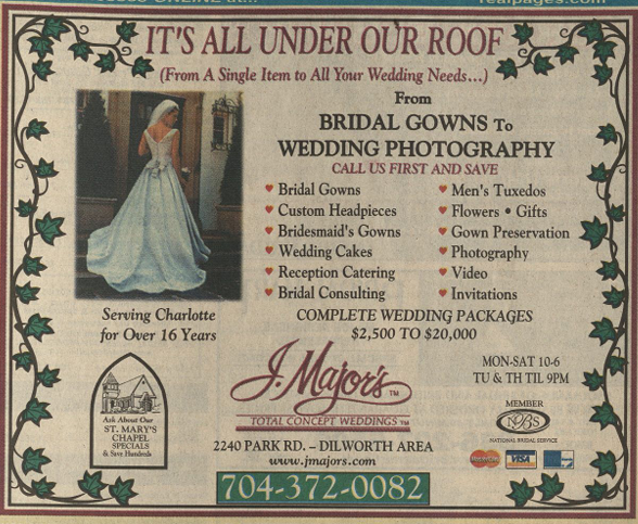 J. Major's Bridal Shop Charlotte Ad from 1999.