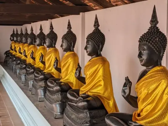 A striking row of black Buddha statues draped in vibrant saffron sashes inside Wat Phra Borommathat Sawi temple.