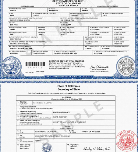 sample of a California apostilled birth certificate california