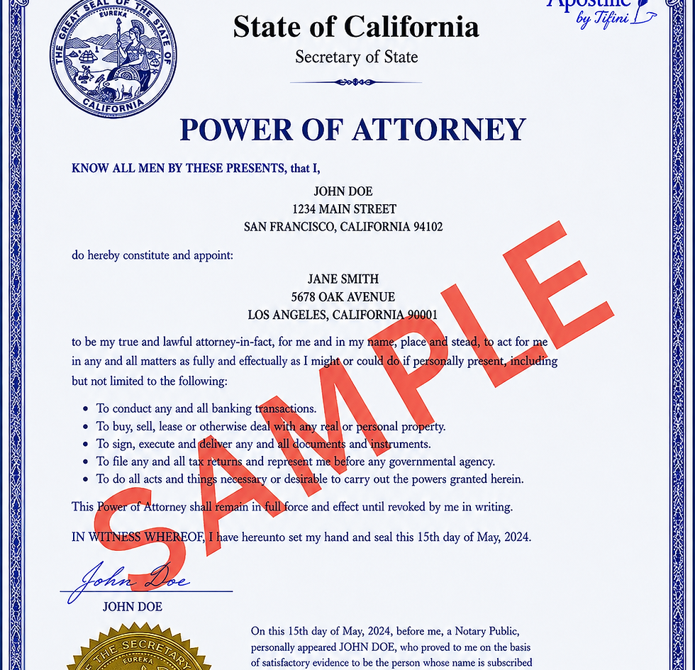 California apostille attached to a Power of Attorney sample