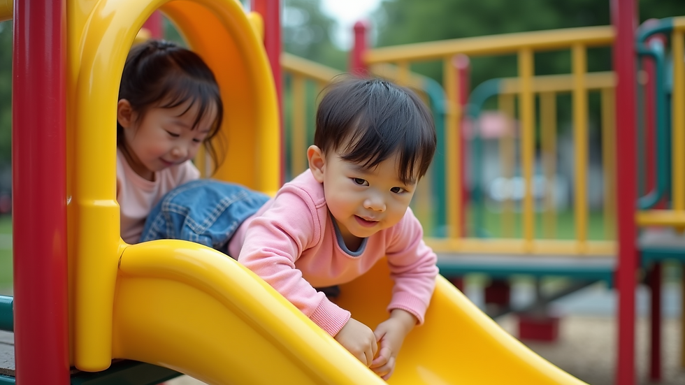 High angle view of a colorful outdoor playground with preschool children playing