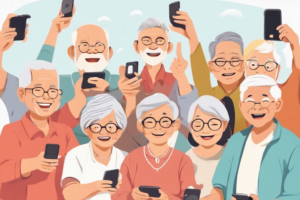 a whole group of singapore asian seniors with mobile devices in theiwr hands. celebrating.