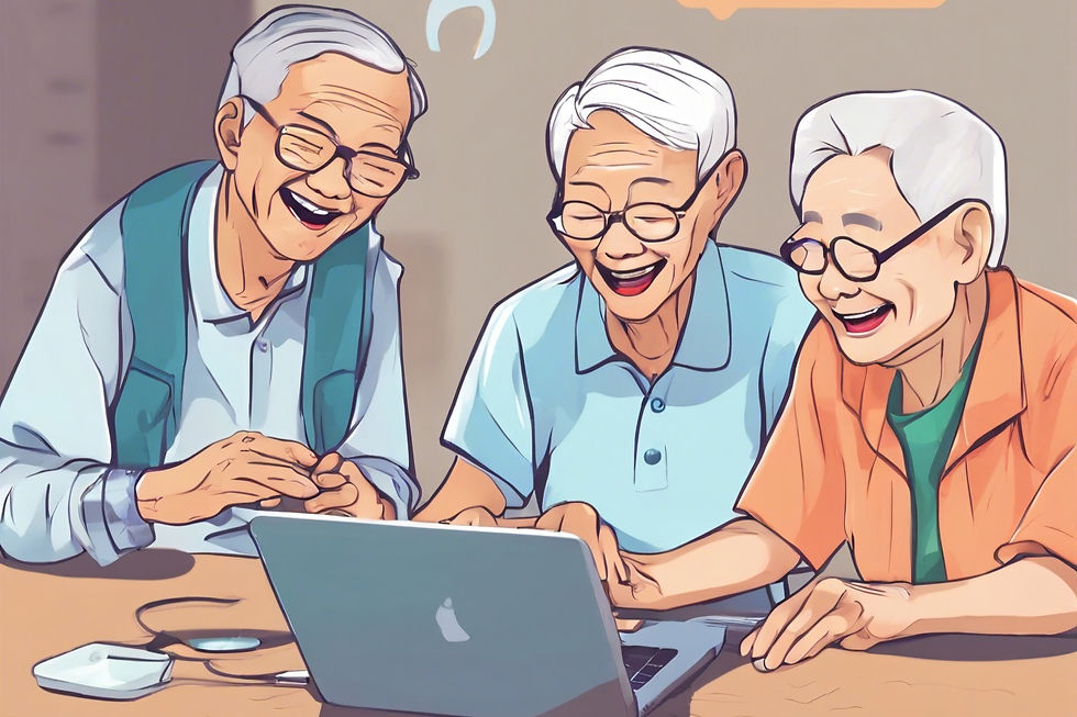 singapore asian seniors go onto an online chatgroup with other seniors. you can see them.j
