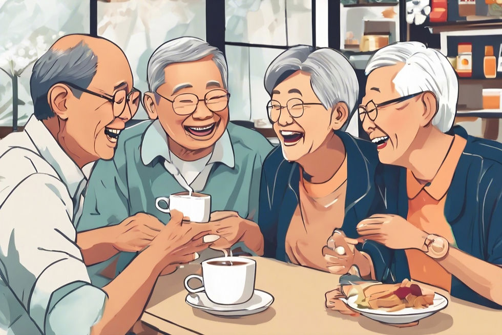 singapore asian seniors in a group in a social setting, talking to one another and laugh
