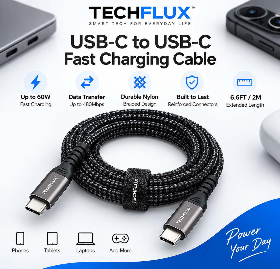 TechFlux 6.6FT USB-C to USB-C fast charging cable with durable braided nylon design