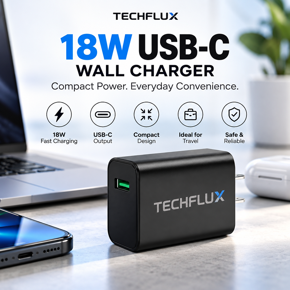 TechFlux 18W USB-C Wall Charger with compact black design and USB charging port