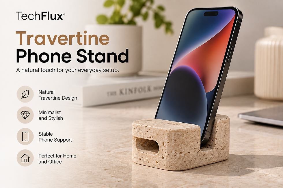 TechFlux Travertine Phone Stand holding a smartphone on a natural stone desktop holder