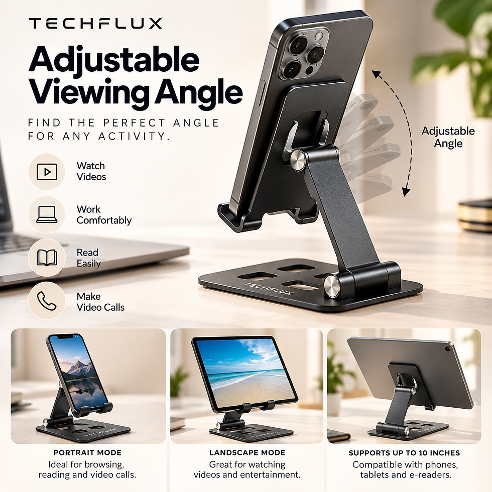 TechFlux adjustable folding phone stand showing multiple viewing angles for phones, tablets, and e-readers