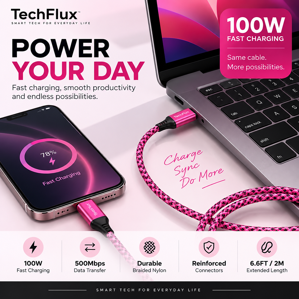 TechFlux USB-C to USB-C cable supporting up to 100W fast charging and 500Mbps data transfer