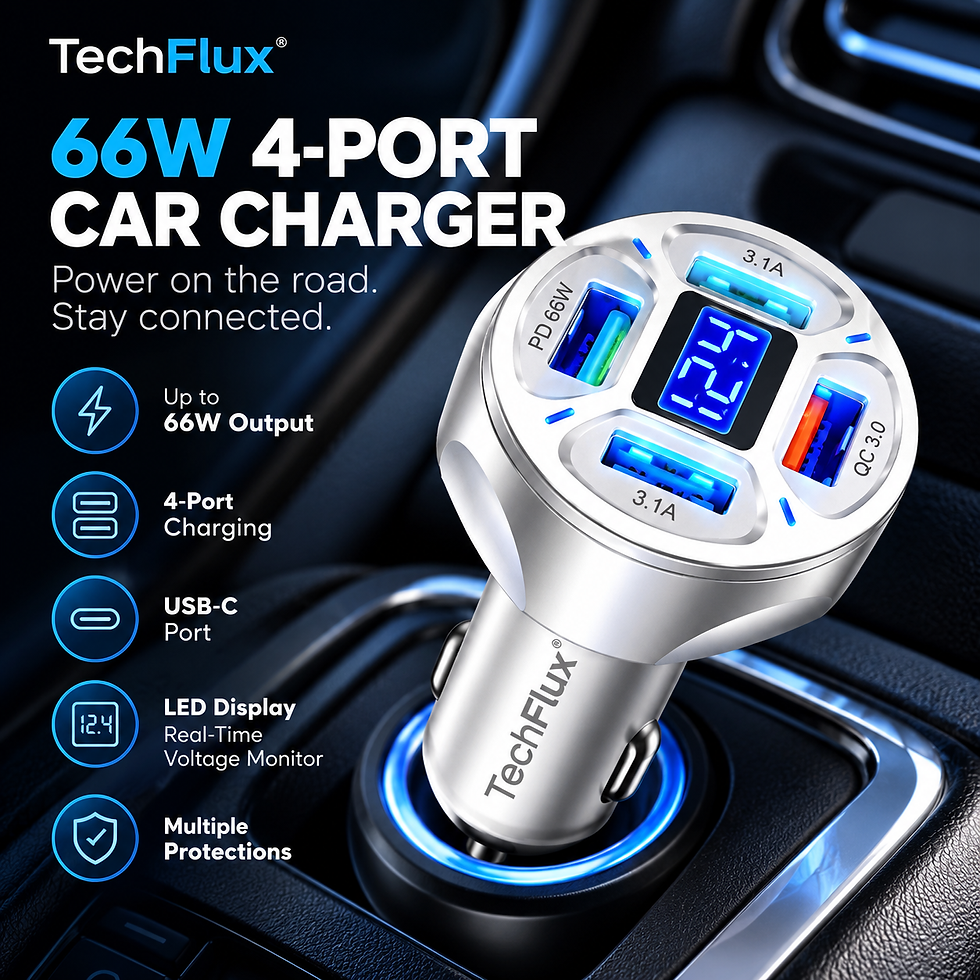 TechFlux 66W 4-Port Car Charger with USB-C, multiple USB ports and LED voltage display