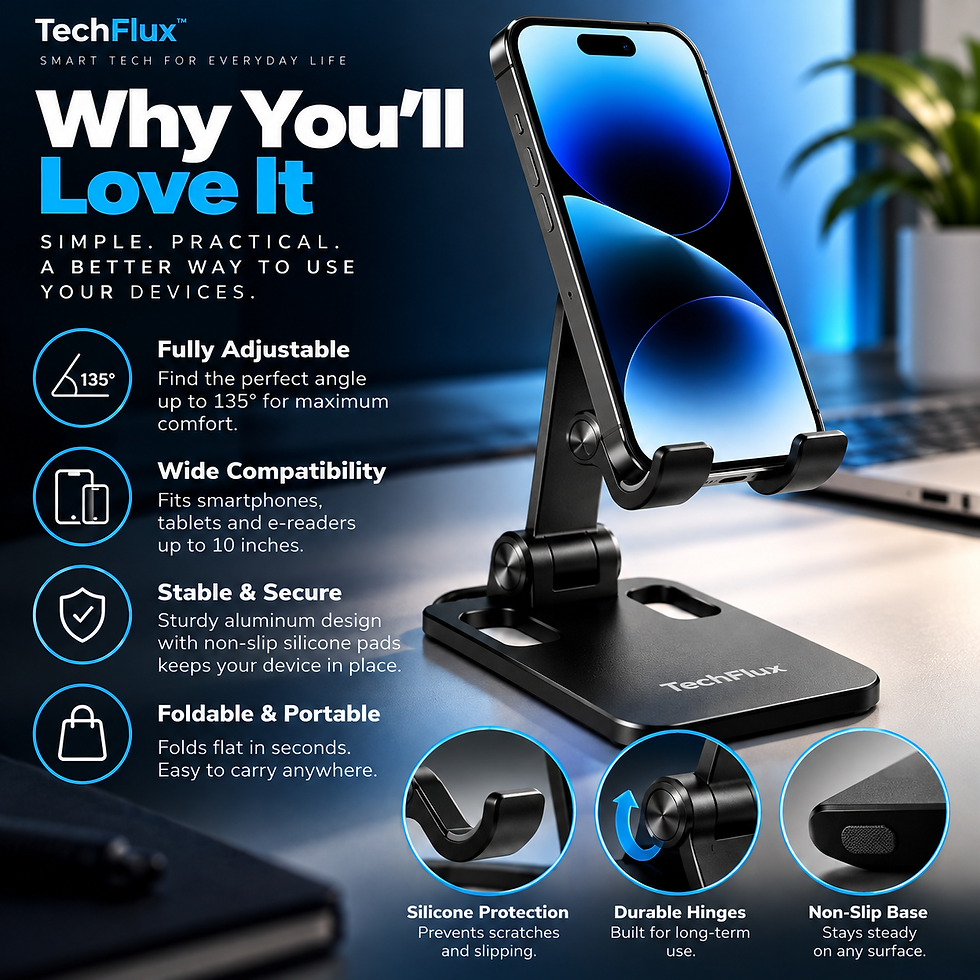 TechFlux adjustable phone stand with smartphone highlighting stability, compatibility, and 135-degree viewing angle