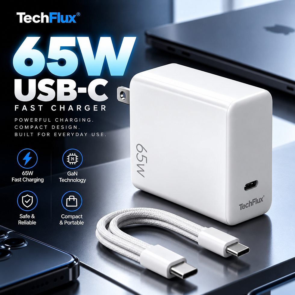 TechFlux 65W USB-C GaN Fast Charger with compact design and braided USB-C cable